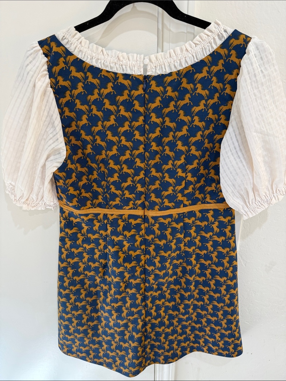 Maeve Navy and Mustard Printed Horse Mini Dress with Ivory Puff Sleeves - Picture 7 of 10